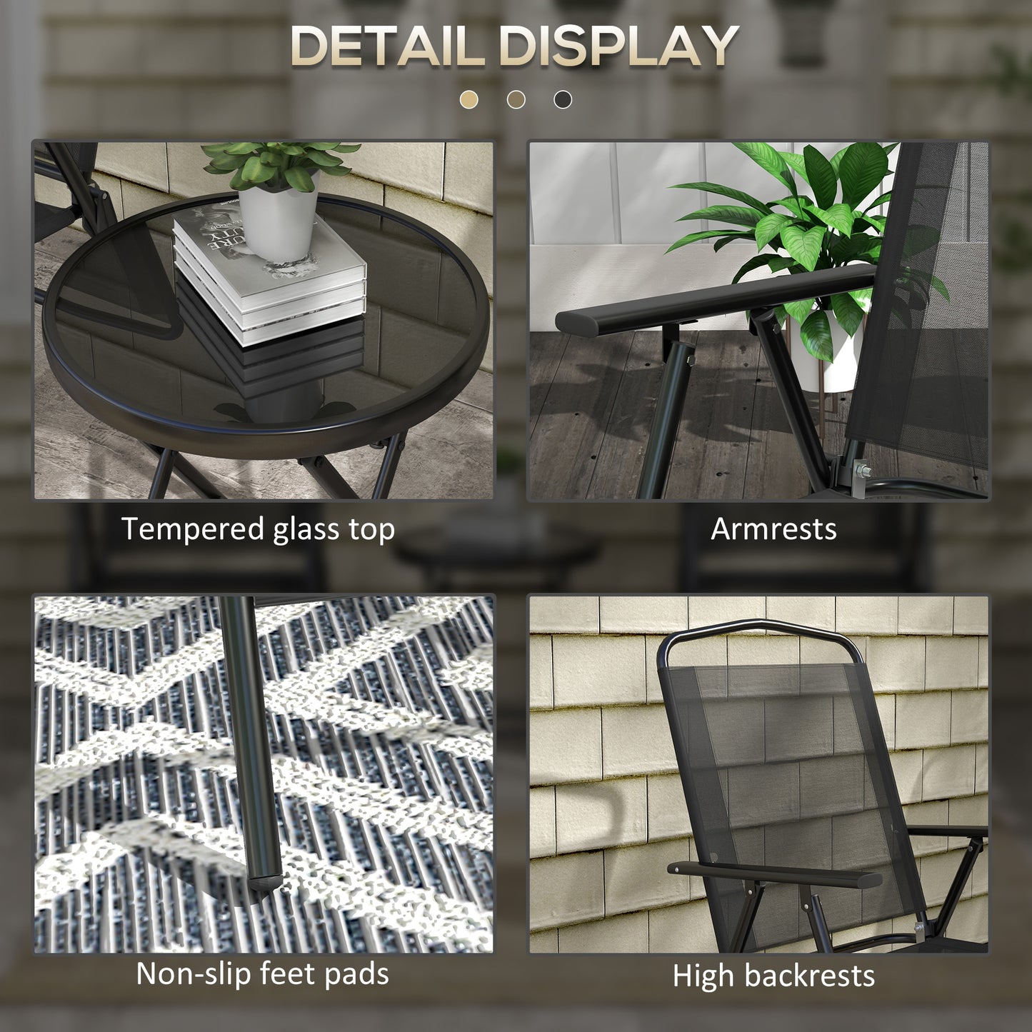 Outsunny 3 Pieces Bistro Set, Foldable Patio Furniture Set with Mesh Chairs, Glass Table for Garden, Balcony, Charcoal Grey