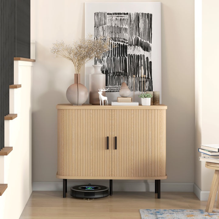 HOMCOM 35.4" Sideboard Buffet Cabinet with Storage, Nordic Coffee Bar Cabinet with Slatted Tambour Doors and Metal Legs, Oak
