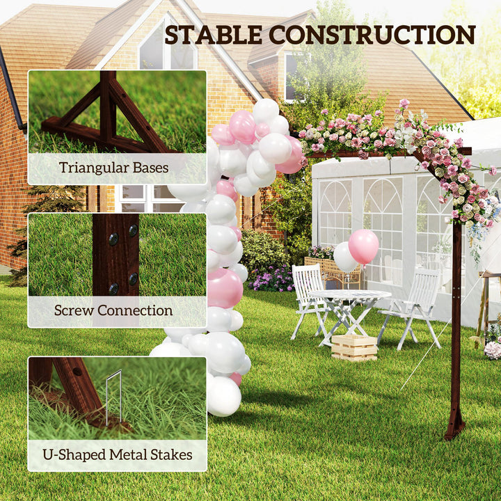 Outsunny 7FT Rectangular Wooden Wedding Arch with Triangular Base, Ground Stakes for Ceremony, Garden, Birthday, Dark Brown