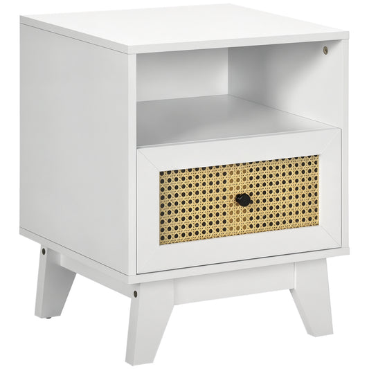 HOMCOM Bedside Table with Rattan Element, Side End Table with Drawer and Shelf, 17.7"x15.4"x22.2", White