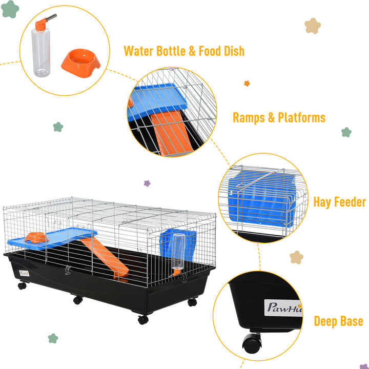 PawHut Small Animal Cage, Rolling Bunny Cage, Guinea Pig Cage with Food Dish, Water Bottle, Hay Feeder, Platform, Ramp, Green