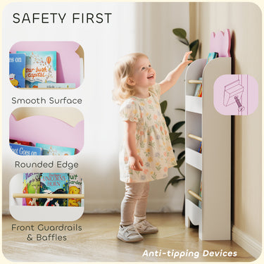 Qaba 3-Tier Bear Theme Kids Bookshelf with Anti-tipping Device for Living Room, Kids Room, Playroom, Pink