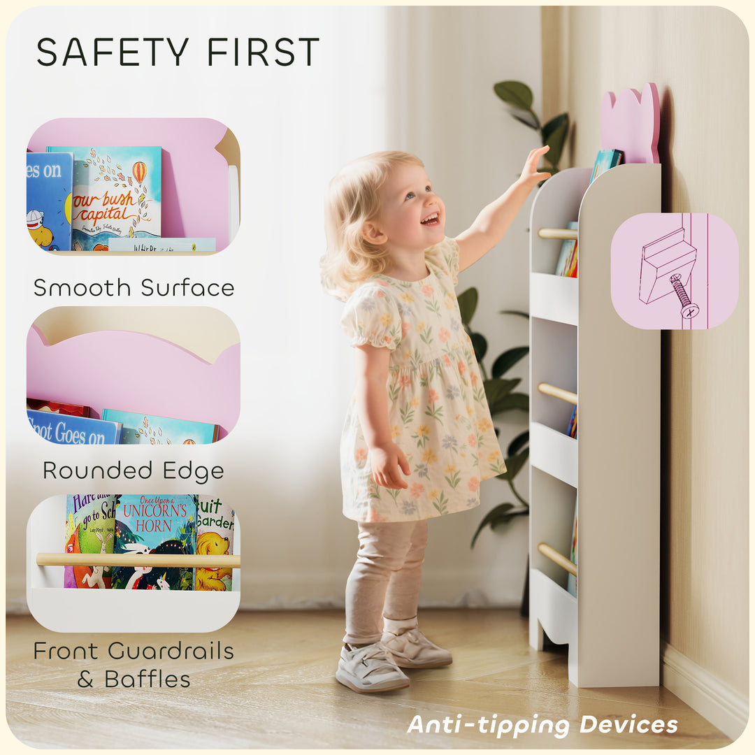 Qaba 3-Tier Bear Theme Kids Bookshelf with Anti-tipping Device for Living Room, Kids Room, Playroom, Pink