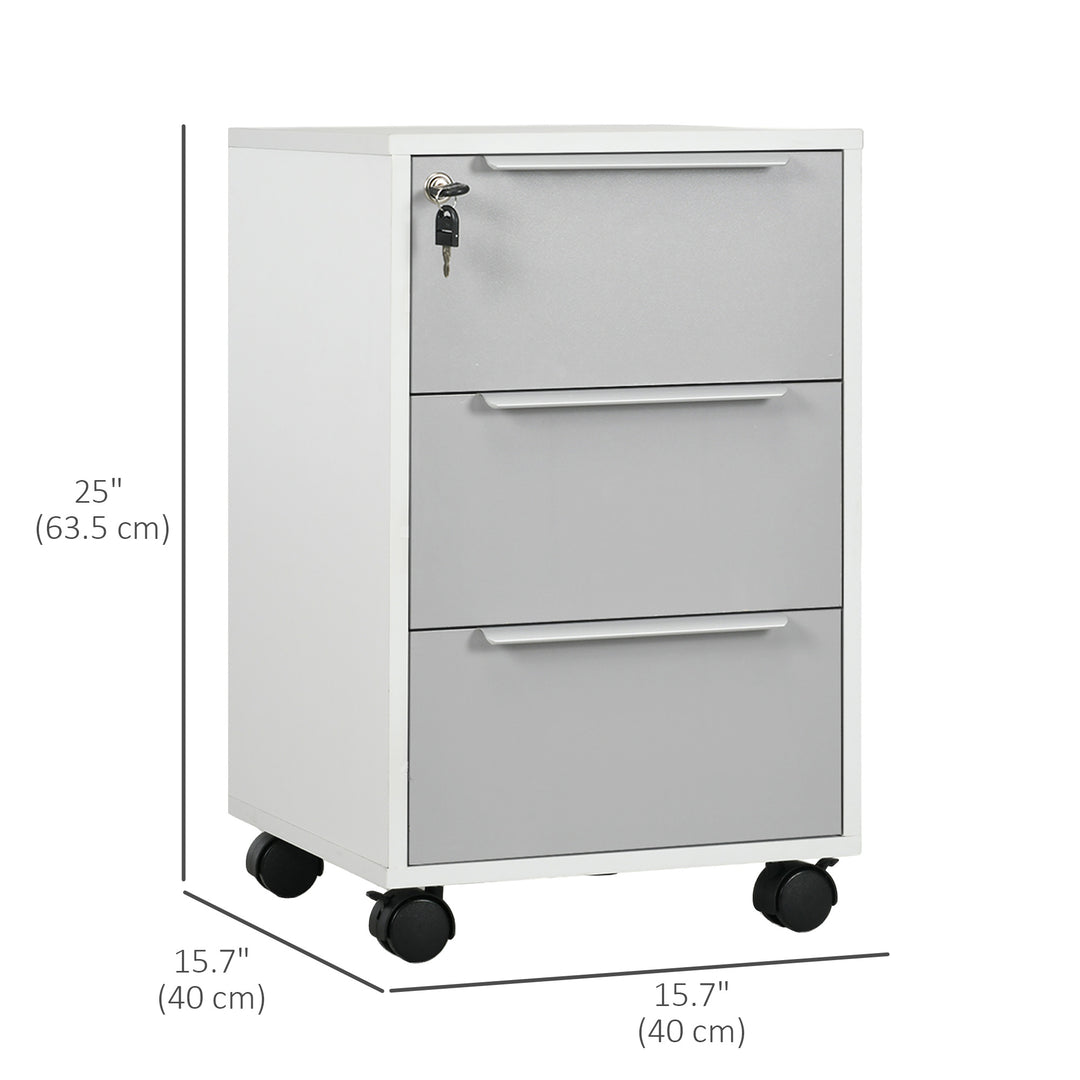 HOMCOM 3 Drawer File Cabinet with Wheels, Vertical Filing Cabinet with Lock, Grey