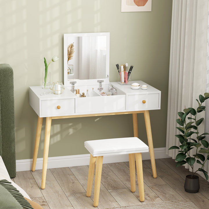 HOMCOM Makeup Vanity Desk with Flip Top Mirror and Cushioned Stool, Dressing Table Writing Desk with 2 Drawers and Storage Grids for Bedroom (White)