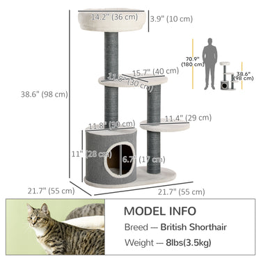 PawHut 39" Cat Tree Tower, Multi-level Cat Activity Centre with Scratching Posts, Condo, Top Perch, Platforms, White
