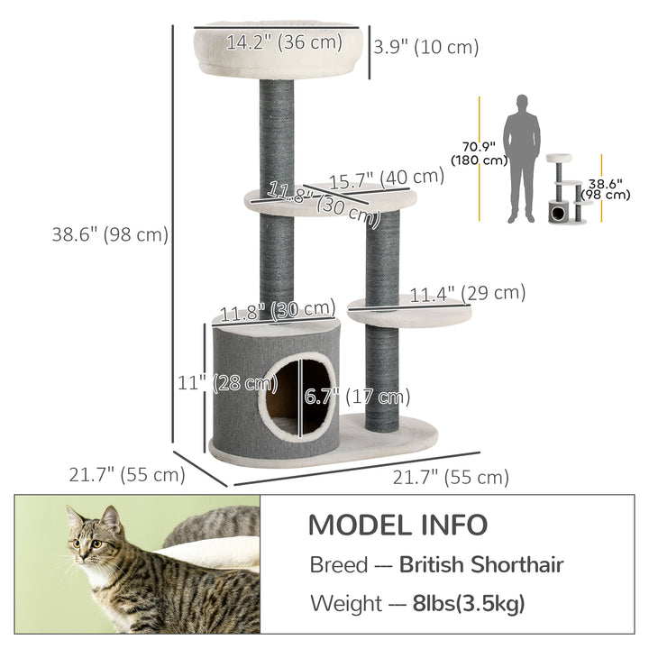 PawHut 39" Cat Tree Tower, Multi-level Cat Activity Centre with Scratching Posts, Condo, Top Perch, Platforms, White