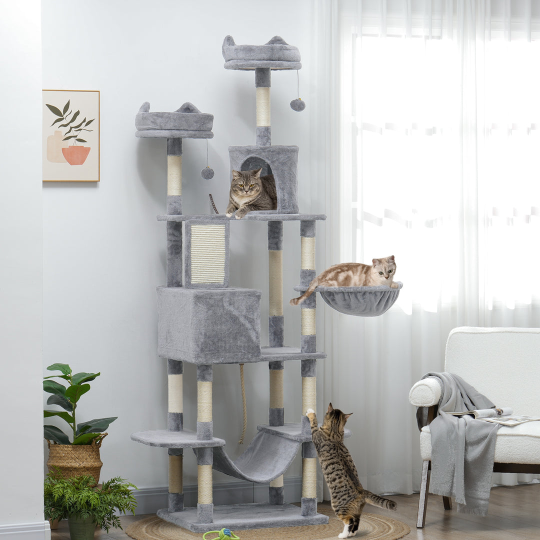 PawHut 81" Large Cat Tree w/ Scratching Posts, Condos, Beds, Hammocks, Jumping Platforms, Toy Balls, Rope Cat Toy, Dark Grey