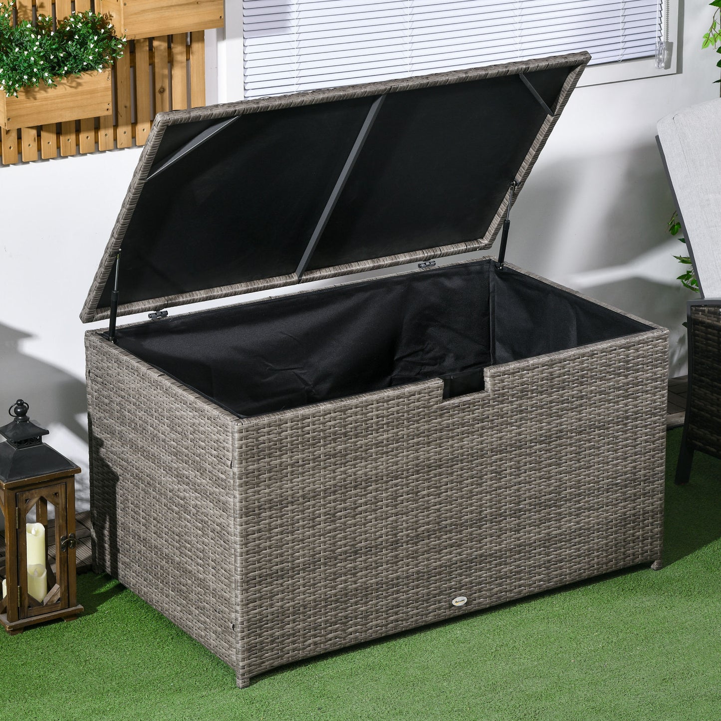 Outsunny 113 Gallon Outdoor Storage Box, Rattan Deck Box for Indoor, Patio Furniture Cushions, Grey