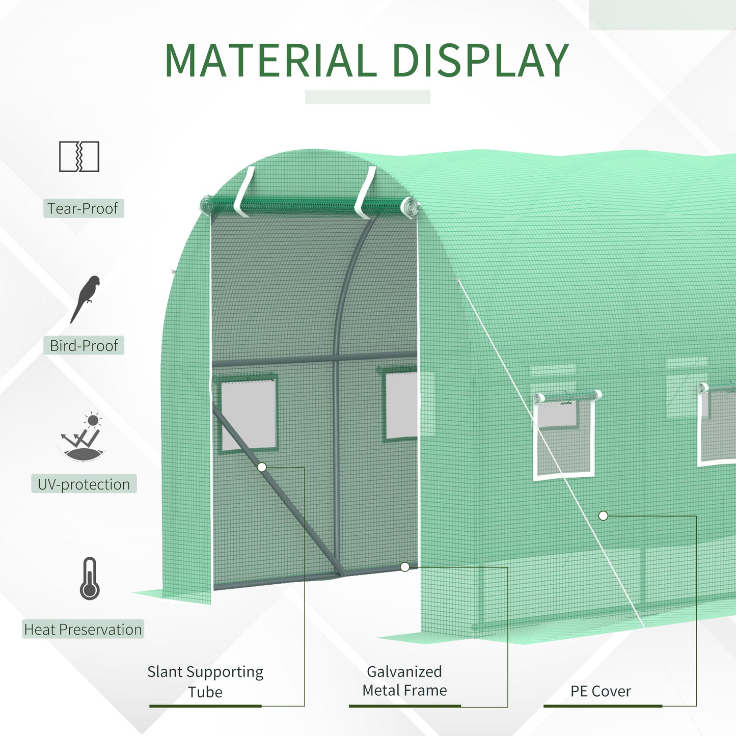 Outsunny Walk-in Tunnel Greenhouse, 13 x 6.4 x 6.5 ft Hoop House with Zipped Roll-Up Door and 8 Mesh Windows, Outdoor Greenhouse with Galvanised Steel Frame, Green