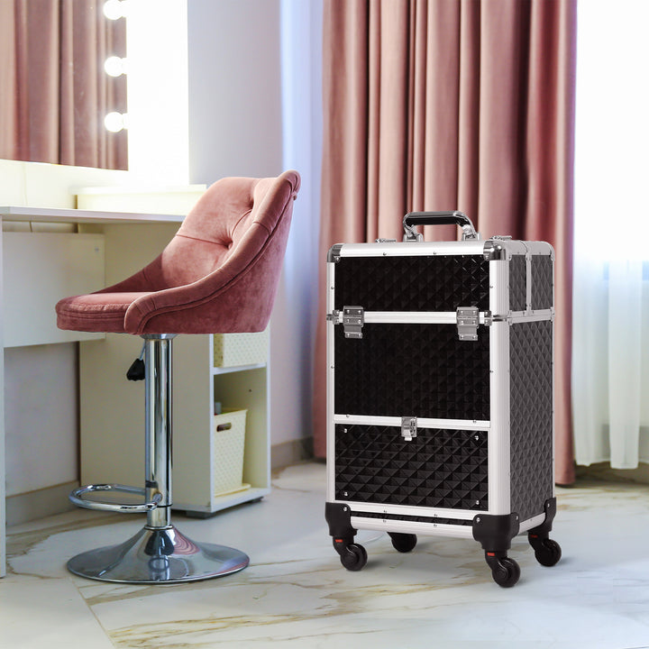 HOMCOM Portable Aluminum Makeup Train Cases, Rolling Makeup Case, Salon Beauty Cosmetic Jewelry Organizer Trolley with 4 Wheels, Pink