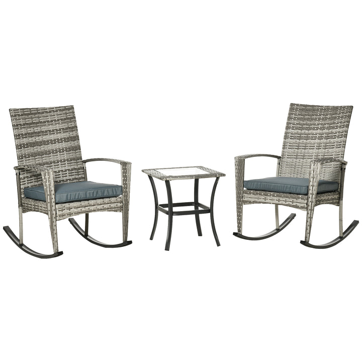 Outsunny 3 Pieces Patio Wicker Rocking Chair Set,  Outdoor PE Rattan Bistro Set Conversation Rocker Set with 2 Chairs 1 Coffee Table for Backyard, Deck, Poolside, Dark Grey