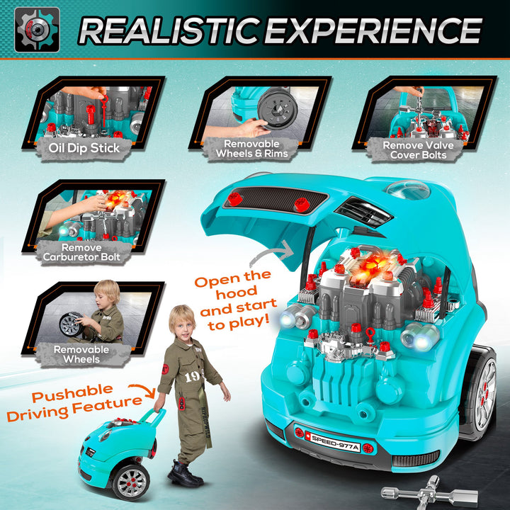 Qaba Mechanic Kids Truck Engine Toy Set, Car Service Play Set, Teal