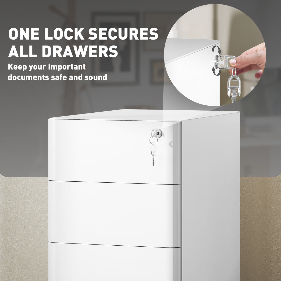 Vinsetto 3 Drawer Filing Cabinet, Lockable Steel Office Storage Cabinet with Hanging Bar for Letter, A4, Legal Files, White