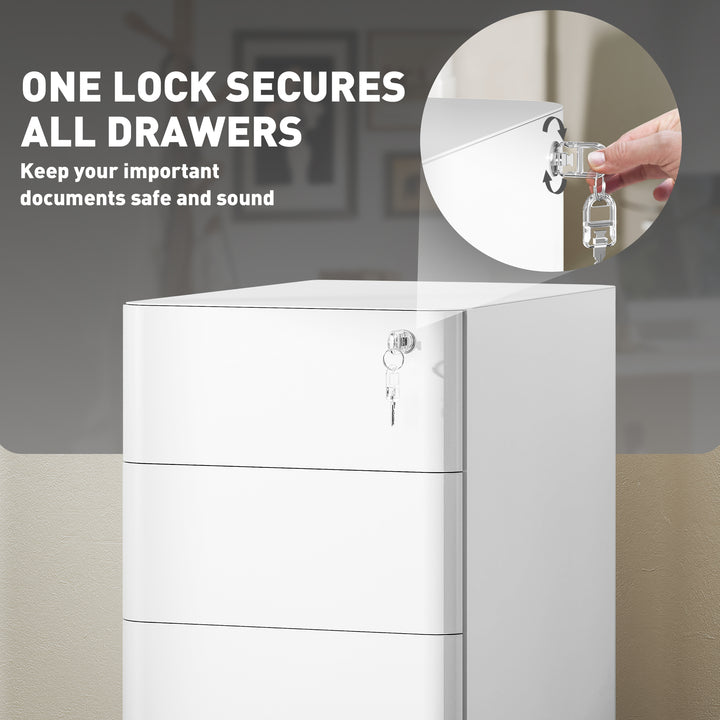 Vinsetto 3 Drawer Filing Cabinet, Lockable Steel Office Storage Cabinet with Hanging Bar for Letter, A4, Legal Files, White