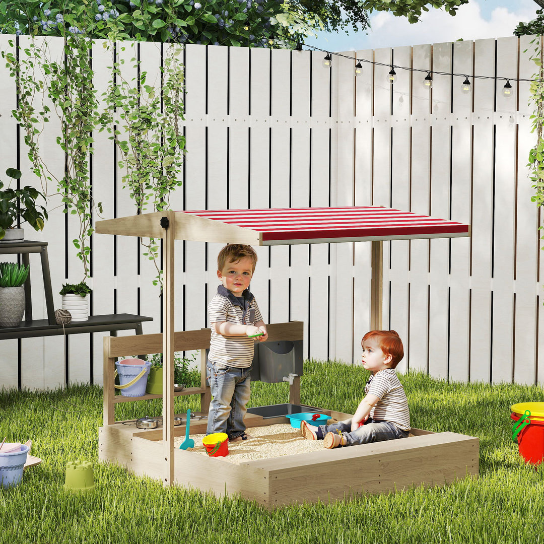 Outsunny Kids Sandbox with Cover Kitchen Playset Toys, Wooden Sand Box with Seat, Storage, for 3-7 Years Old, Grey