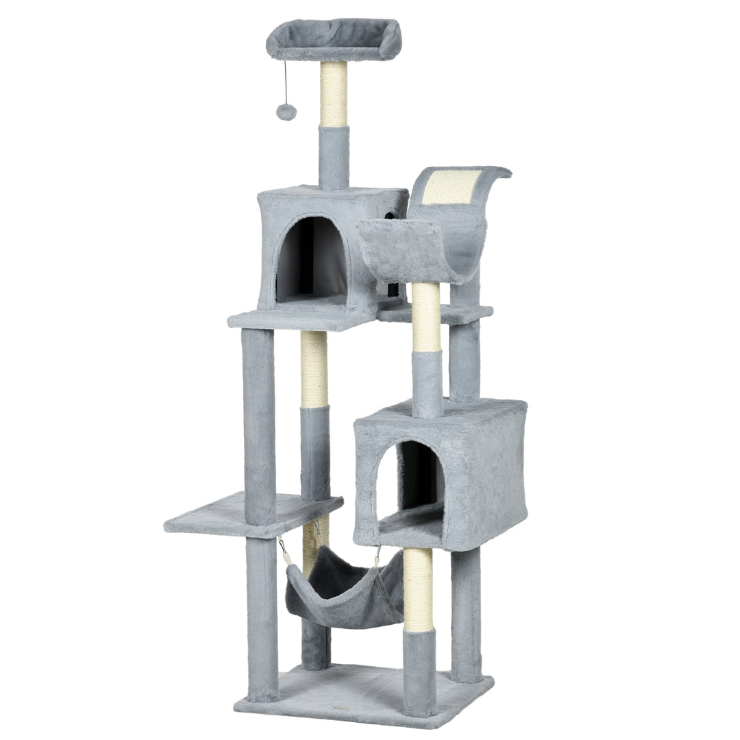 PawHut Tall Cat Tree for Indoor Cats, 70" Multi-Level Cat Tower with Hammock, Cat Bed, Cat Condo with Sisal Scratching Posts, Bluish Grey