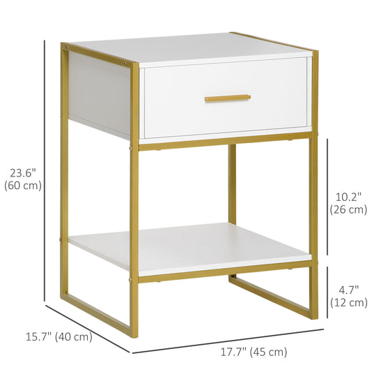 HOMCOM Nightstand Set of 2, Modern Bedside Table with Drawer and Shelf, Bedside Cabinets for Bedroom, White