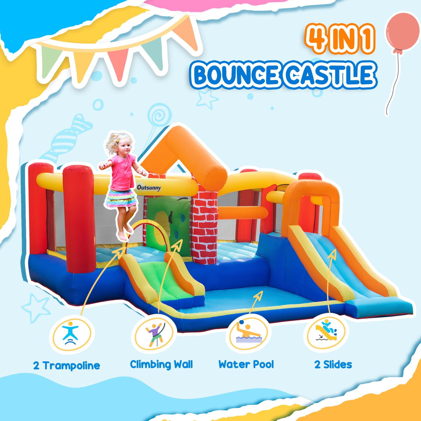 Outsunny 12.5 x 12FT Large Kids Bounce House, Castle-Themed with 2 Slides, Trampoline, Inflatable Pool, Climbing Wall, Carry Bag, 450W Air Blower