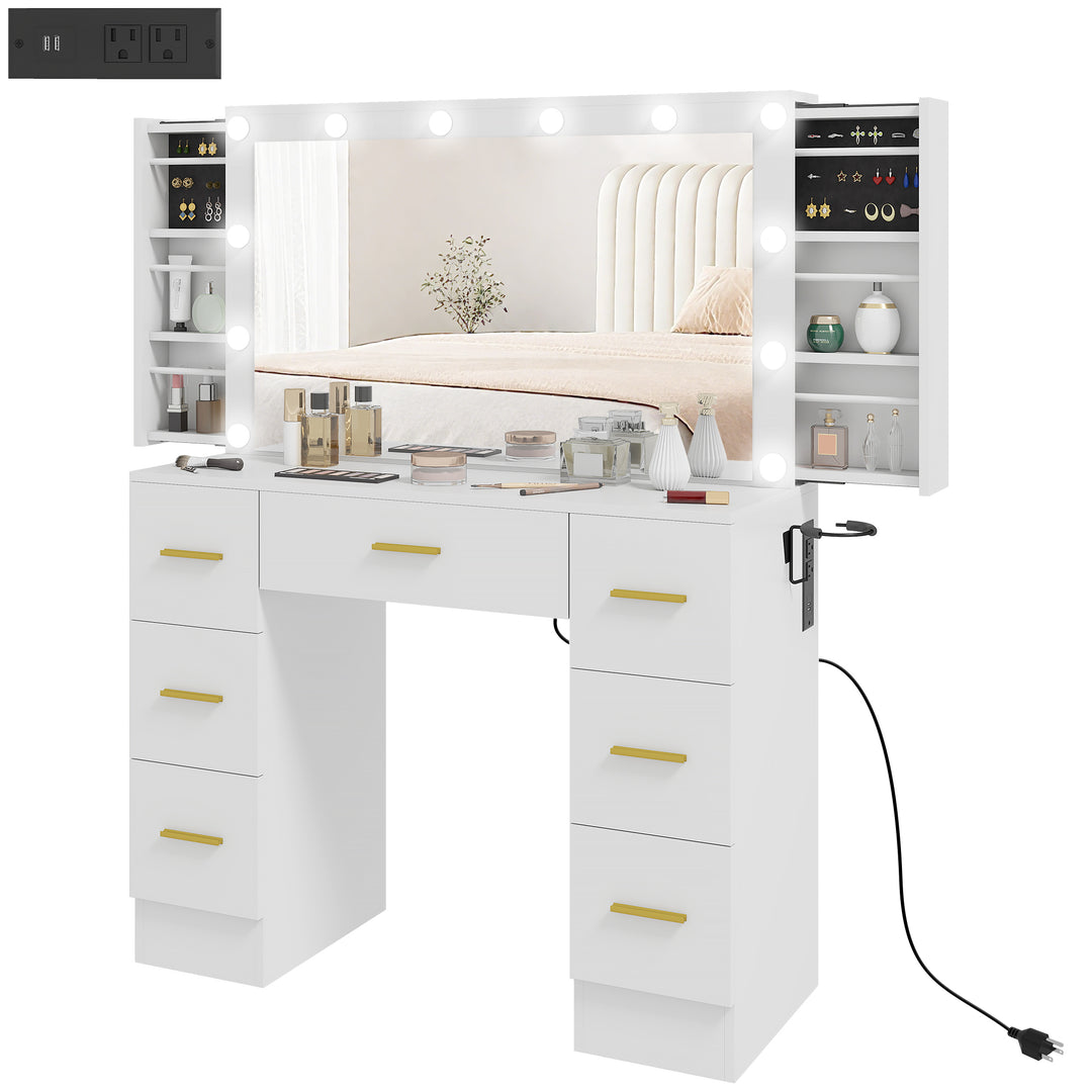 HOMCOM Makeup Vanity Table with Lights, Dressing Table with 7 Drawers, 6 Hidden Sliding Storage Compartments, White