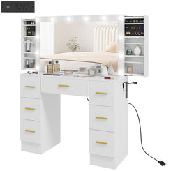 HOMCOM Makeup Vanity Desk with Mirror and Lights, Dressing Table with 7 Drawers, 6 Hidden Sliding Storage Compartments, White