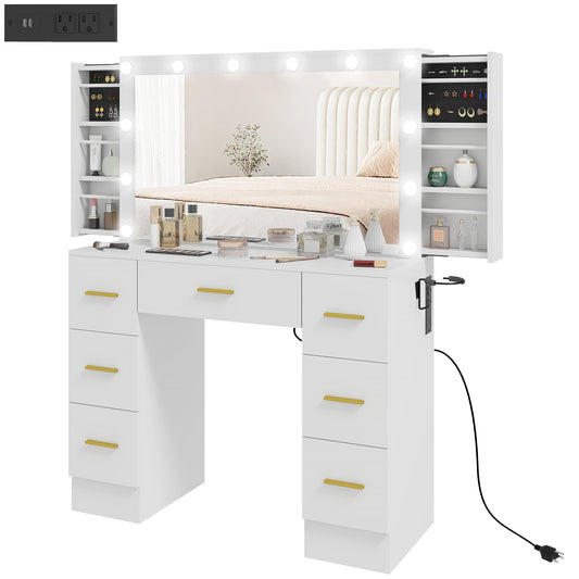 HOMCOM Makeup Vanity Desk with Mirror and Lights, Dressing Table with 7 Drawers, 6 Hidden Sliding Storage Compartments, White