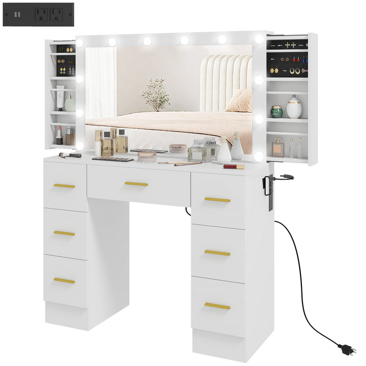 HOMCOM Makeup Vanity Table with Lights, Dressing Table with 7 Drawers, 6 Hidden Sliding Storage Compartments, White