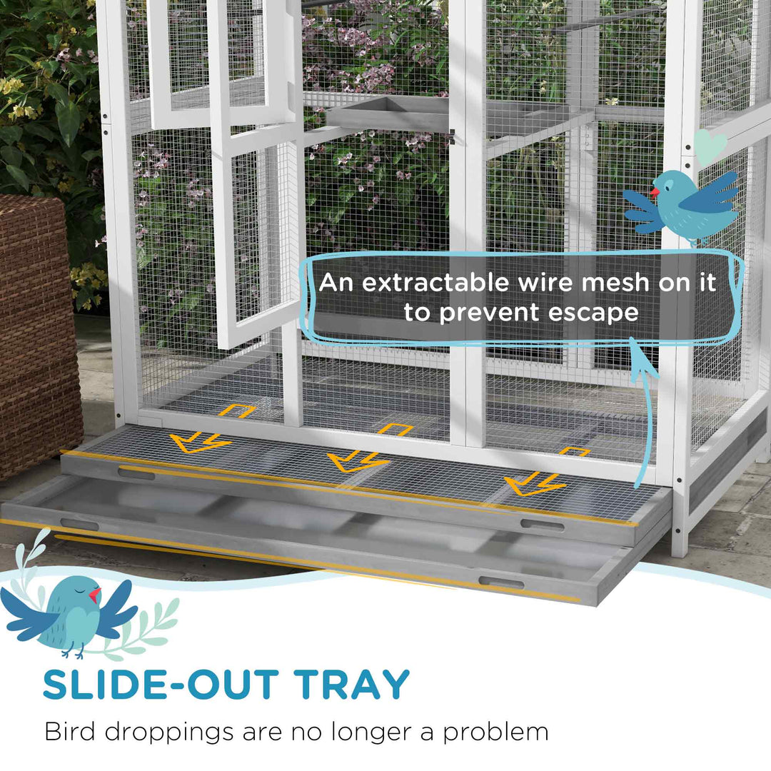 PawHut 65" Bird Cage Large 2 Doors Wooden Aviary for Canary with Standing Pole Nest Slide-out Tray, for Indoor Outdoor, Grey