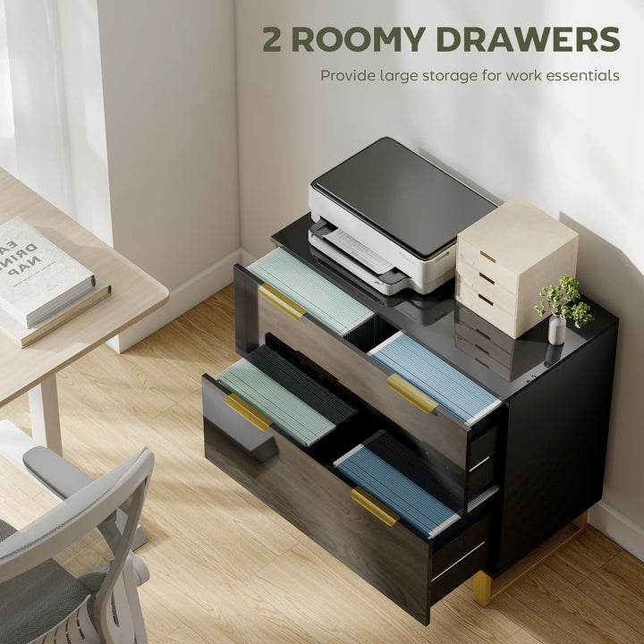 HOMCOM Lateral File Cabinet with 2 Drawers, Modern Filing Cabinet for Letter/A4/Legal Size Files, High Gloss Black
