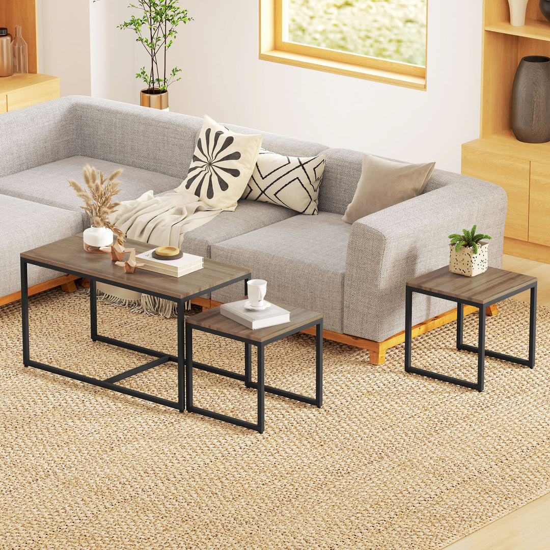 HOMCOM Nesting Coffee Table Set of 3, Modern End Tables with Black Metal Frame for Living Room Home Furniture, Natural