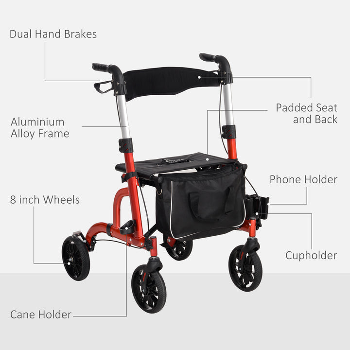 HOMCOM Rollator Walker for Seniors and Adults with 8'' Wheels, Padded Seat and Backrest,  Storage Bag Red