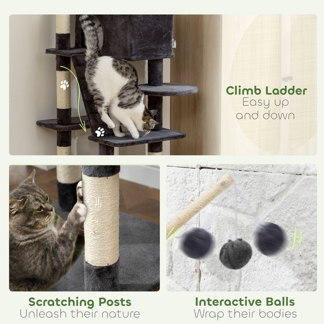 PawHut 59 Inch Large Cat Tree with Sisal Scratching Posts, Cozy Condo, Top Perch, Ladder and Interactive Balls, Dark Grey