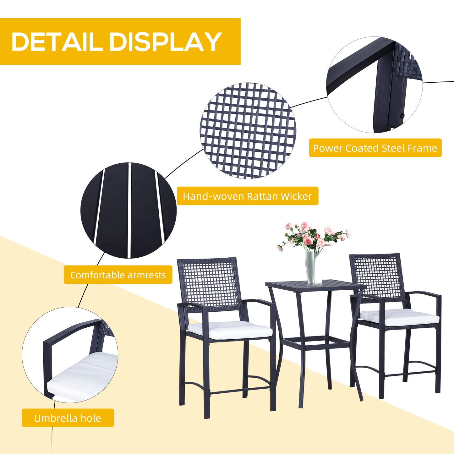 Outsunny 3 Pieces Outdoor Wicker Bar Set, Classic Bistro Bar Set Garden Rattan Style Patio Bar Table & High Chairs w/ Cushions Home Bar Furniture, Cream White