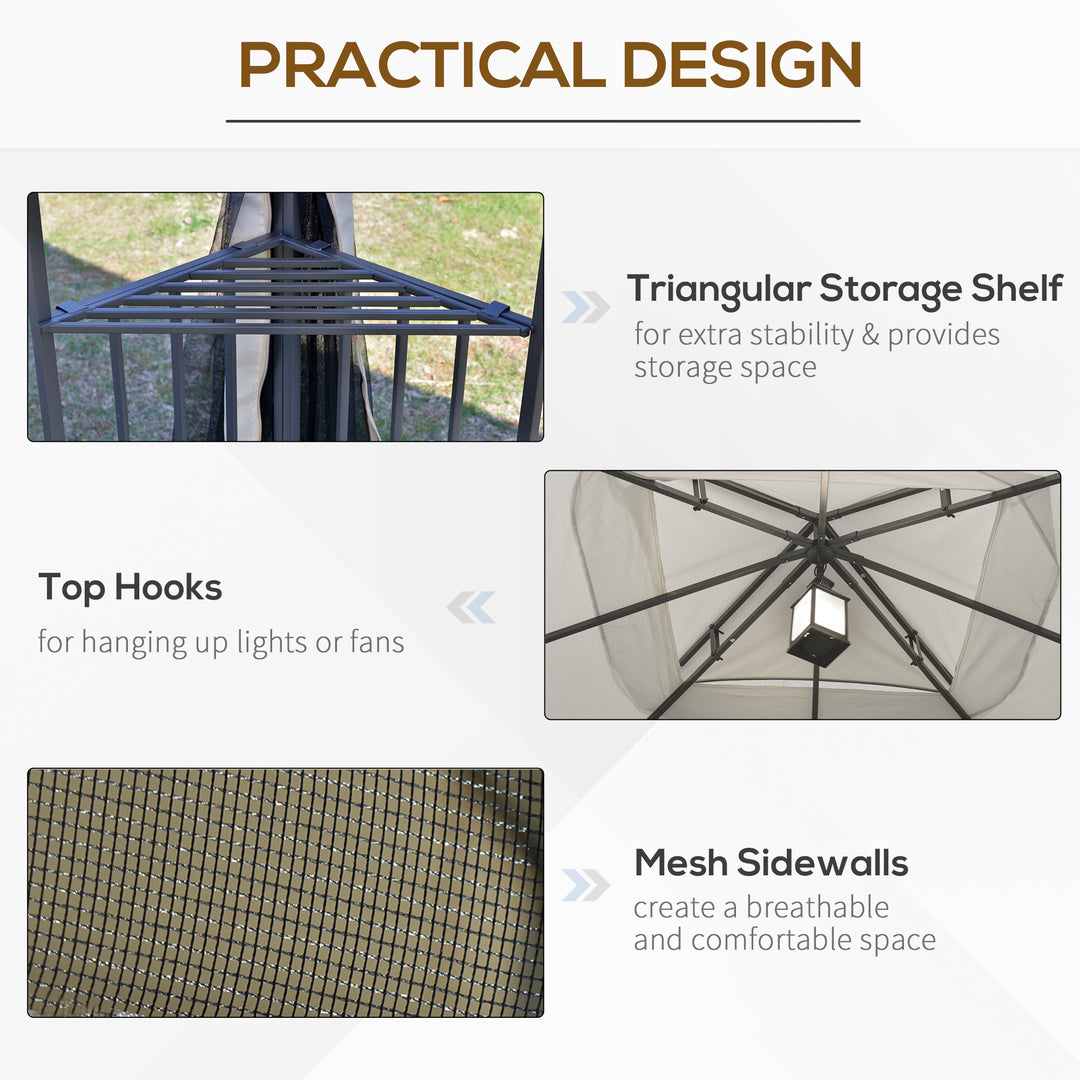 Outsunny 10'x10' Soft-top Patio Gazebo with Double Tier Roof, Mesh Curtains, Display Shelves, Top Hooks, Coffee