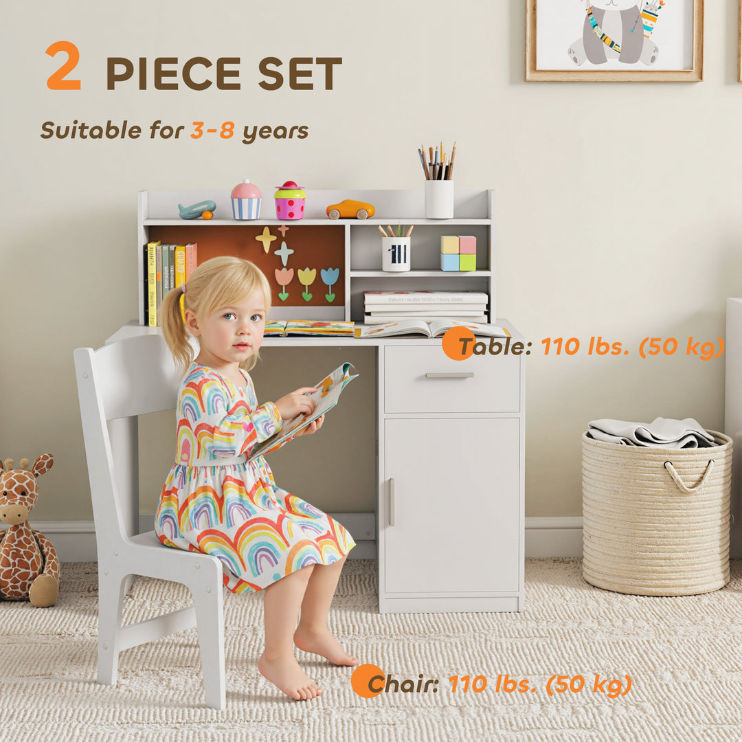 Qaba Kids Desk and Chair Set, Kids Study Table and Chair Set with Storage Hutch, Drawer, Cabinet, Compartments, Cork Board