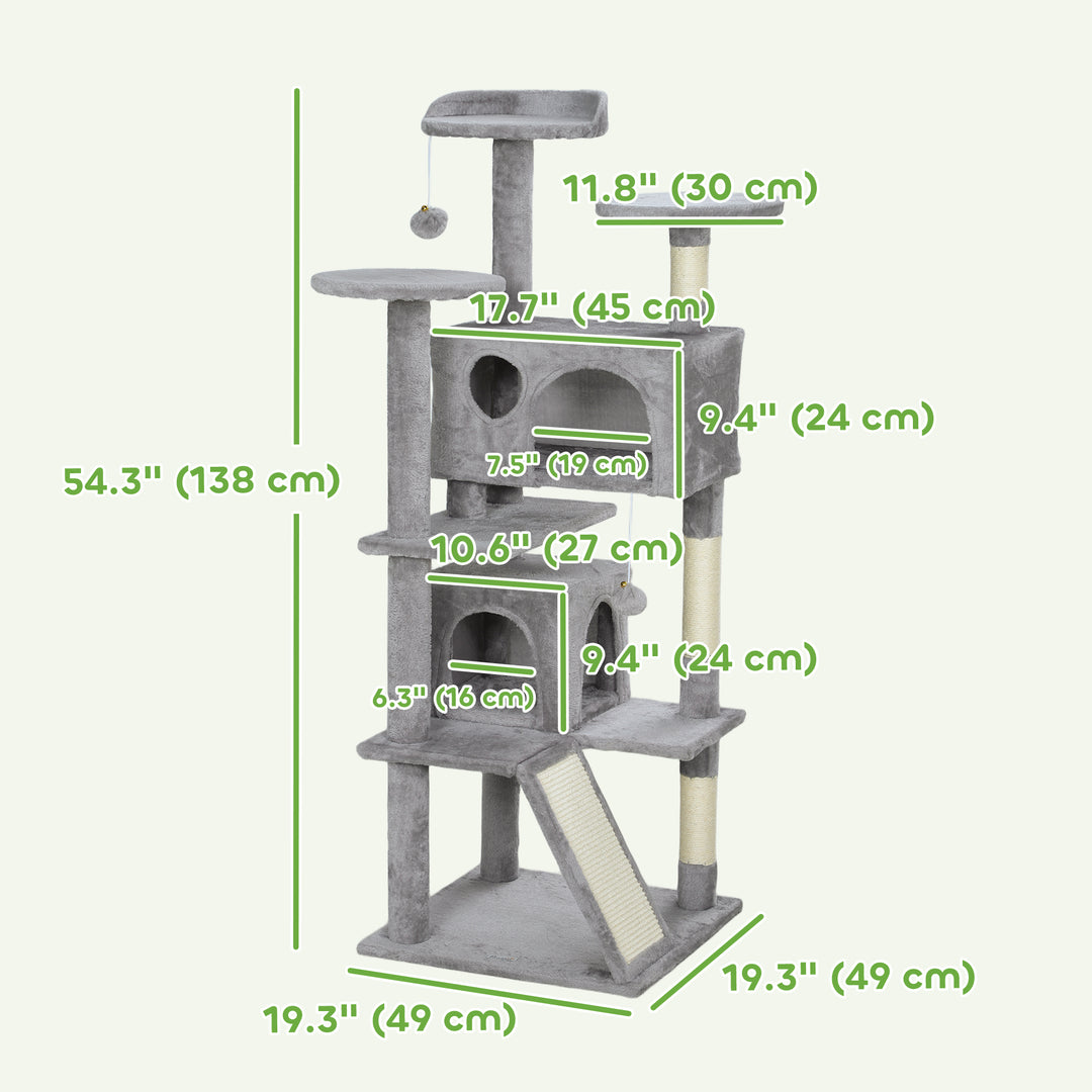 PawHut 54" Cat Tree, Multi-Level Cat Tower with Scratching Posts, Cat Condos, Bed, Platforms, Ramp, Toy Ball, Dark Blue