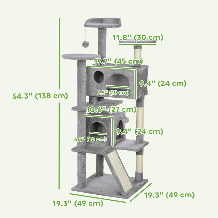 PawHut 54" Cat Tree, Multi-Level Cat Tower with Scratching Posts, Cat Condos, Bed, Platforms, Ramp, Toy Ball, Dark Blue
