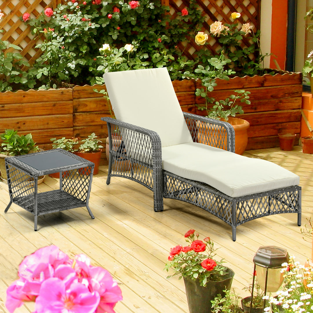 Outsunny 2 Pieces Wicker Patio Lounge Set w/ Cushions, Outdoor PE Rattan Sun Lounger Sets w/ 5-Level Reclining Chaise Chair & Two-tier Glass Top Coffee Table, Cream White