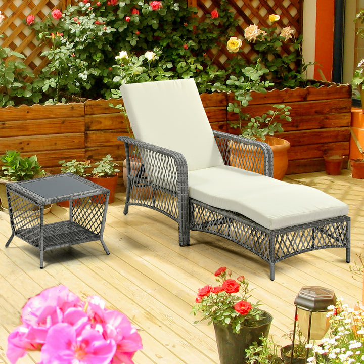 Outsunny 2 Pieces Wicker Patio Lounge Set w/ Cushions, Outdoor PE Rattan Sun Lounger Sets w/ 5-Level Reclining Chaise Chair & Two-tier Glass Top Coffee Table, Cream White