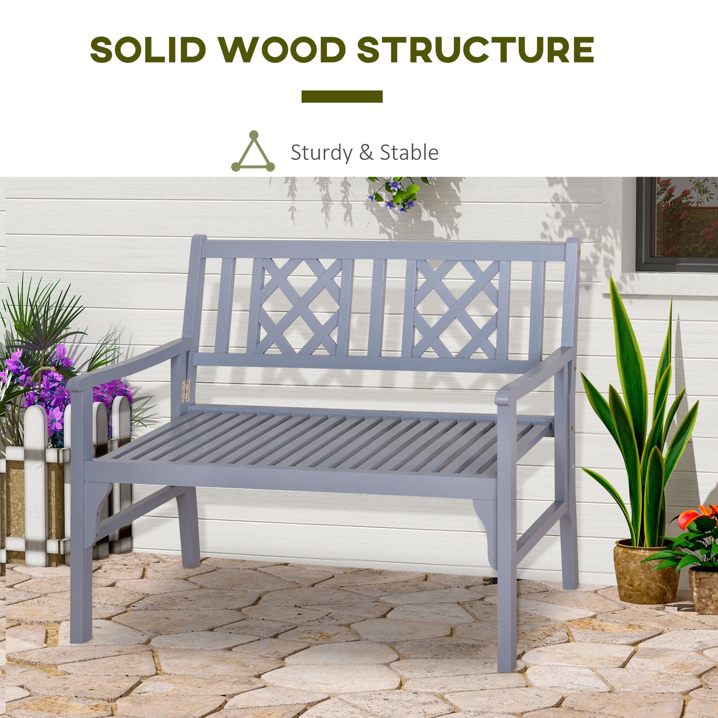 Outsunny Foldable Garden Bench, 2-Seater Patio Wooden Bench, Loveseat Chair with Backrest and Armrest for Patio, Porch or Balcony, Grey