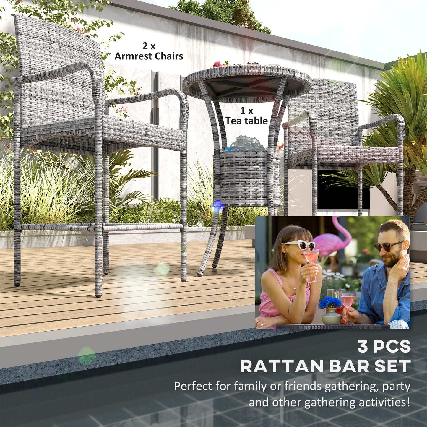 Outsunny 3 Pieces Patio Bar Set, Rattan Bistro Table and Chairs, Outdoor Conversation Furniture Set with Ice Bucket, Dark Brown