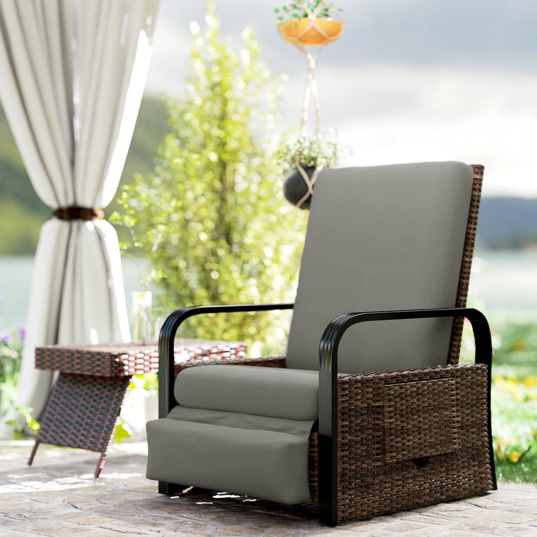 Outsunny Wicker Outdoor Recliner Chair, Reclining Lounge Chair with Adjustable Backrest, Footrest and Side Tray, Light Grey