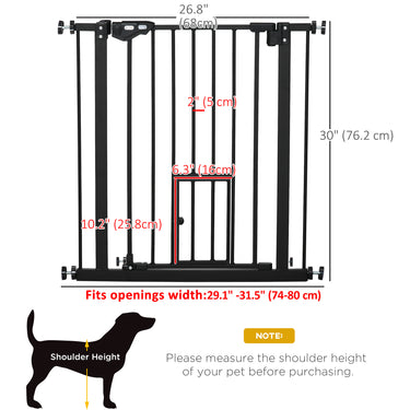 PawHut Retractable Gate Extra Wide Press-Mounted with Cat Door, Auto Closing Pet Gate for Stair, Hallway, 29-32 Inch