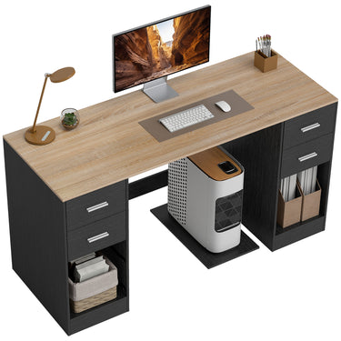 HOMCOM Office Desk, 55" Computer Desk with 4 Reversible Drawers, Mobile PC Stand, Adjustable Shelf, Black Wood Grain