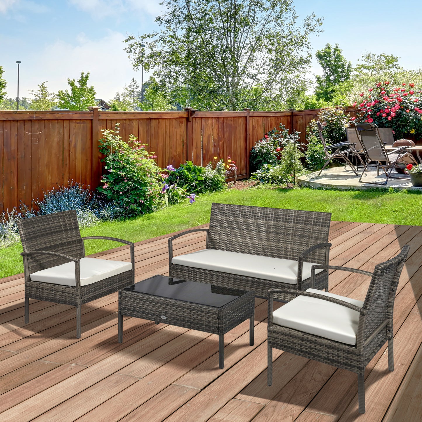 Outsunny 4 Pieces Patio Furniture Sets with A Loveseat, Two Armchairs and A Coffee Table, Outdoor Conversation Set with Glass Top Table, Grey PE Rattan and Cream White Cushions