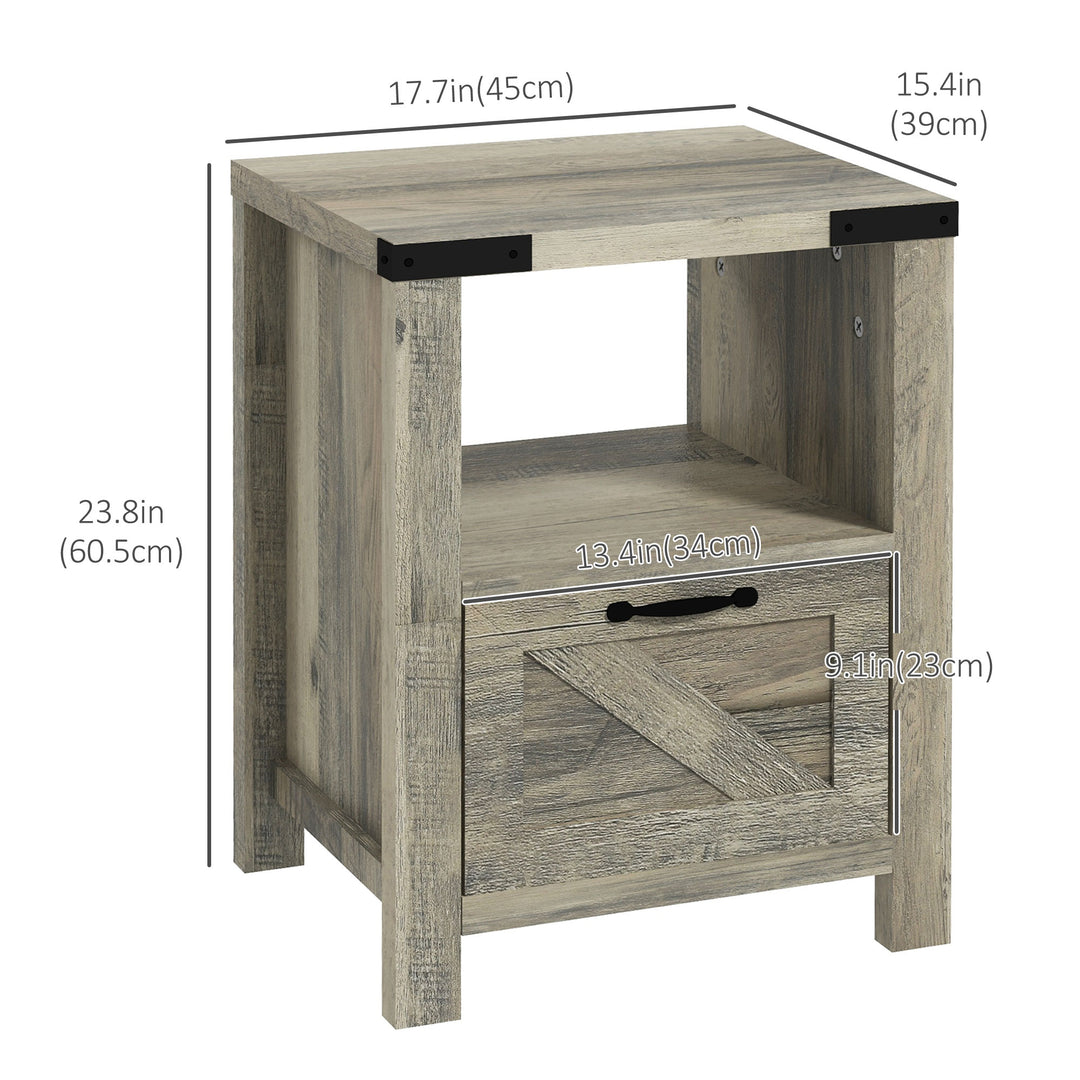 HOMCOM Side Table with Storage, Farmhouse End Table with Drawer, Open Shelf and Barn-style Panel, Nightstand for Living Room, Bedroom, Oak