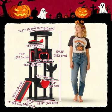 PawHut Gothic Cat Tree, 60" Tall Cat Tower with Coffin Bed,  Sisal Scratching Posts & Ramp, Condo, Hammock, Perches, Black