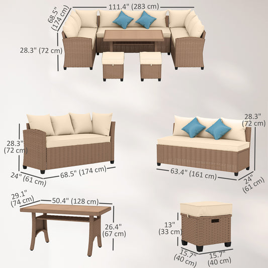 Outsunny 6 Pieces Patio Furniture Set, Outdoor Wicker Sofa Set, All Weather PE Rattan Conversation Furniture, with Strip Wood Grain Plastic Coffee Table & Cushions, Khaki