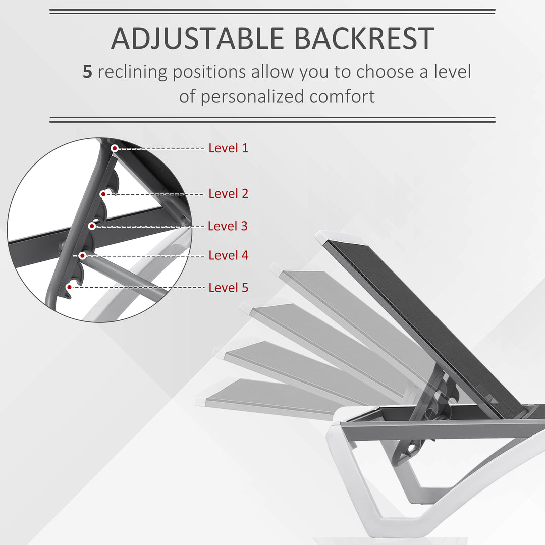 Outsunny Outdoor Chaise Lounge Chair, Patio Aluminum Tanning Chair with 5-Level Adjustable Back, Portable Wheels, Breathable Mesh Fabric, for Pool, Deck, Garden, Grey