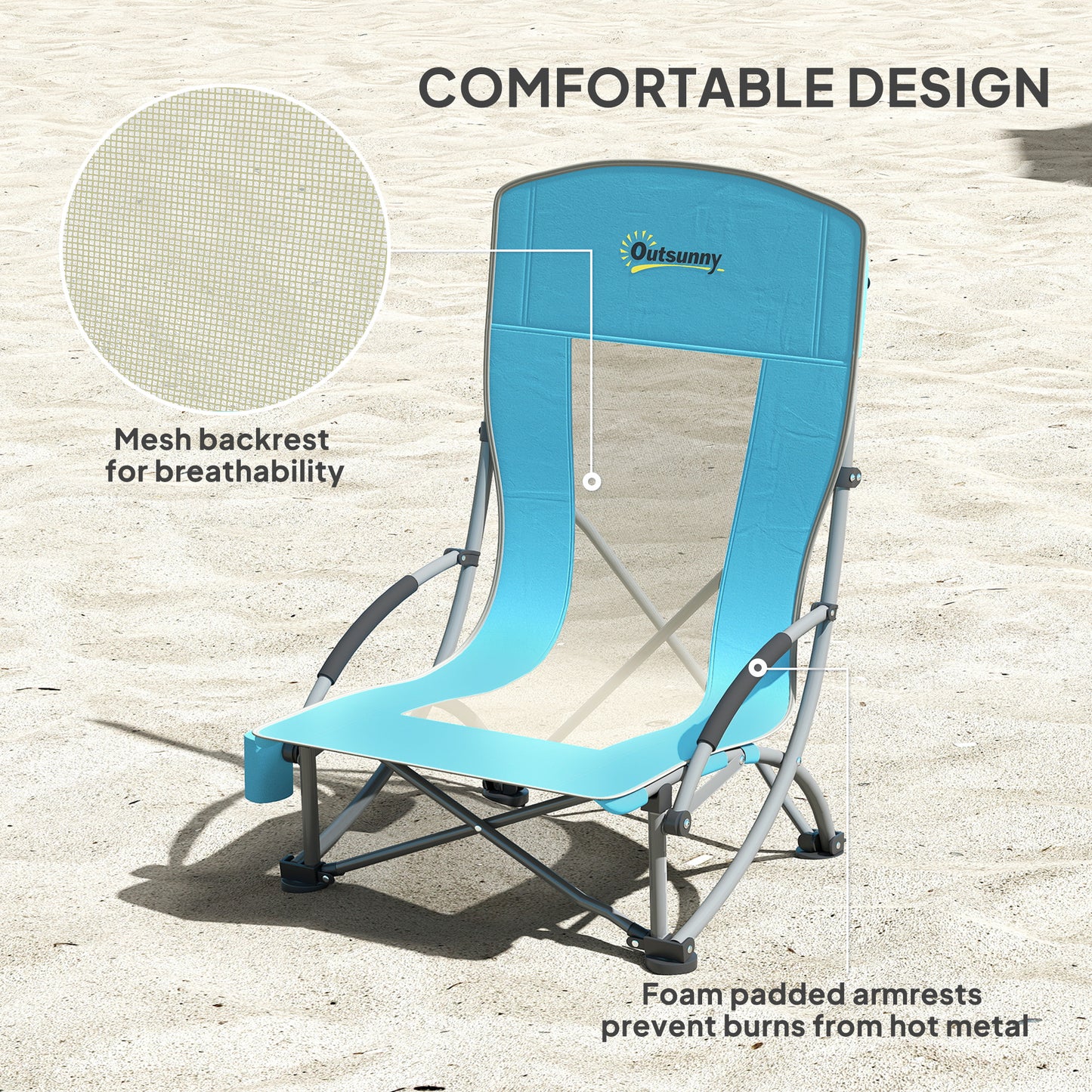 Outsunny Set of 2 Folding Beach Chairs with Mesh Back, Carry Bag and Cup Holder for Outdoor Camping Lawn, 22.8" x 21.7" x 24.4"